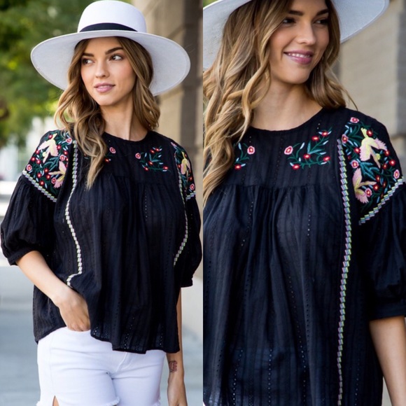 Tops - Playful Embroidered Top-BLACK